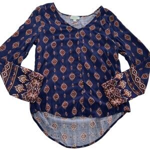 Veronica M Shirt Womens Small Blue Boho Long Sleeve Diamond Print Blouse Top